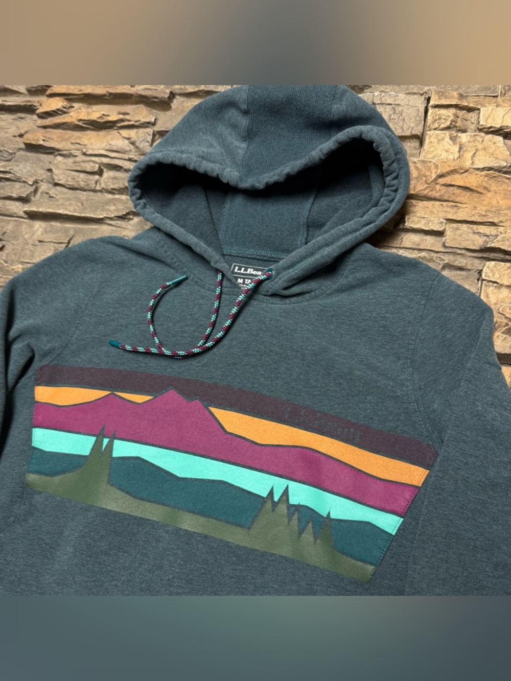 LL Bean Camp Hoodie Womens Medium Tall Blue Green Mountain Graphic Sweatshirt - Picture 2 of 8